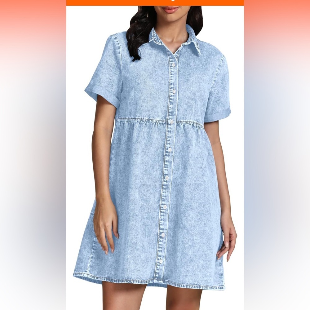GRAPENT Denim Dress for Women Babydoll Tiered Short Sleeve Button Down Jean - Picture 8 of 15